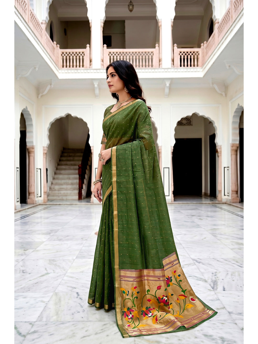 Peachmode Green Cotton Blend Prachi Cotton Saree - Image 2