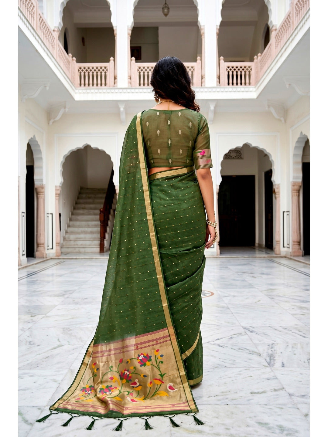 Peachmode Green Cotton Blend Prachi Cotton Saree - Image 4