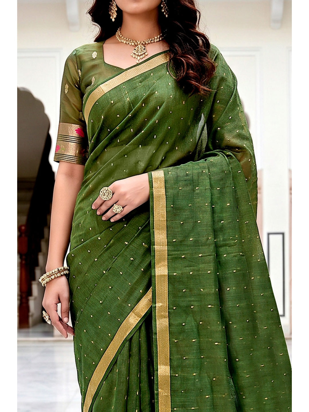 Peachmode Green Cotton Blend Prachi Cotton Saree - Image 5
