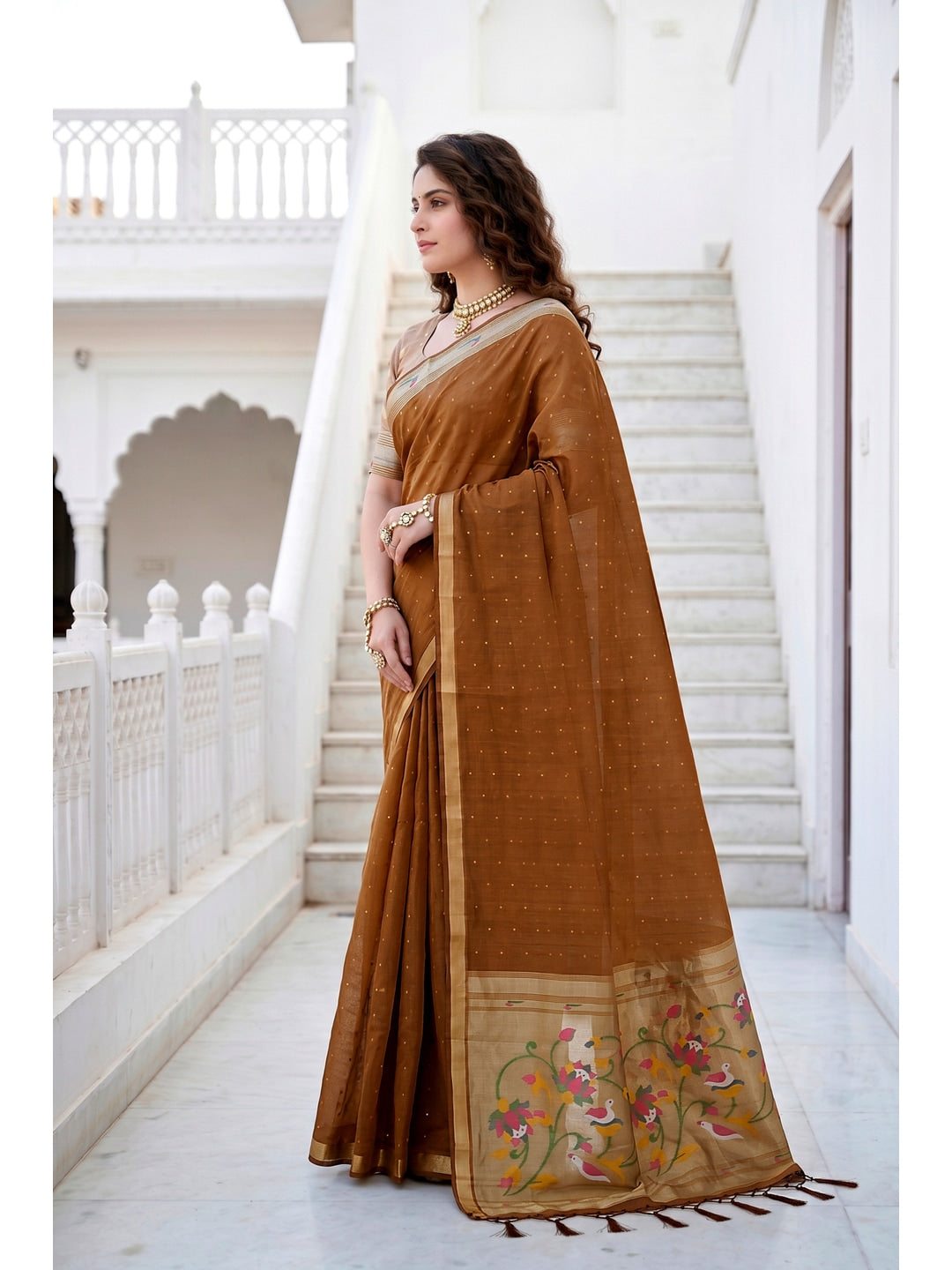 Peachmode Brown Cotton Blend Prachi Cotton Saree - Image 2