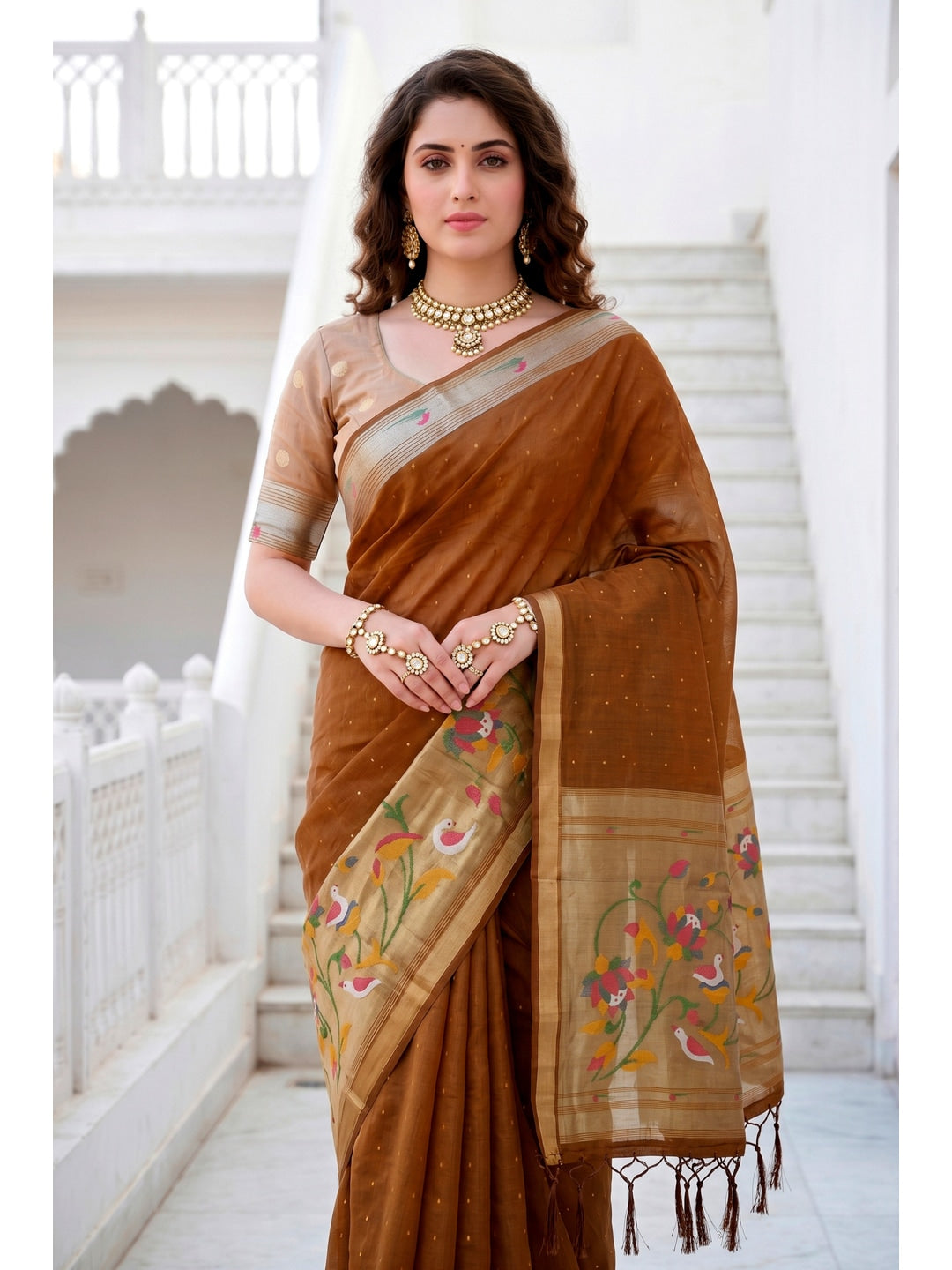 Peachmode Brown Cotton Blend Prachi Cotton Saree - Image 3