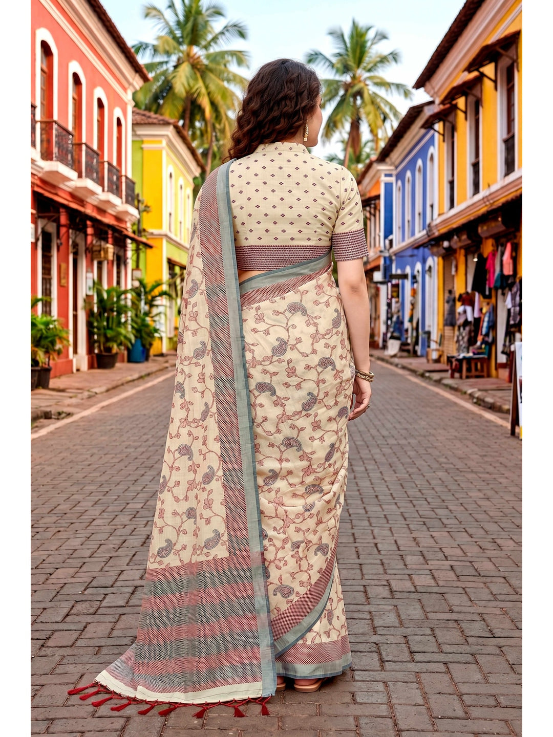 Peachmode Cream Cotton Blend Ruchi Cotton Saree - Image 4