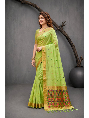 Peachmode Green Cotton Blend Rudrani Saree - Image 2