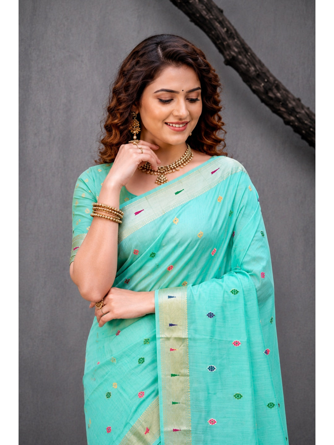 Peachmode Aqua Blue Cotton Blend Rudrani Saree - Image 3