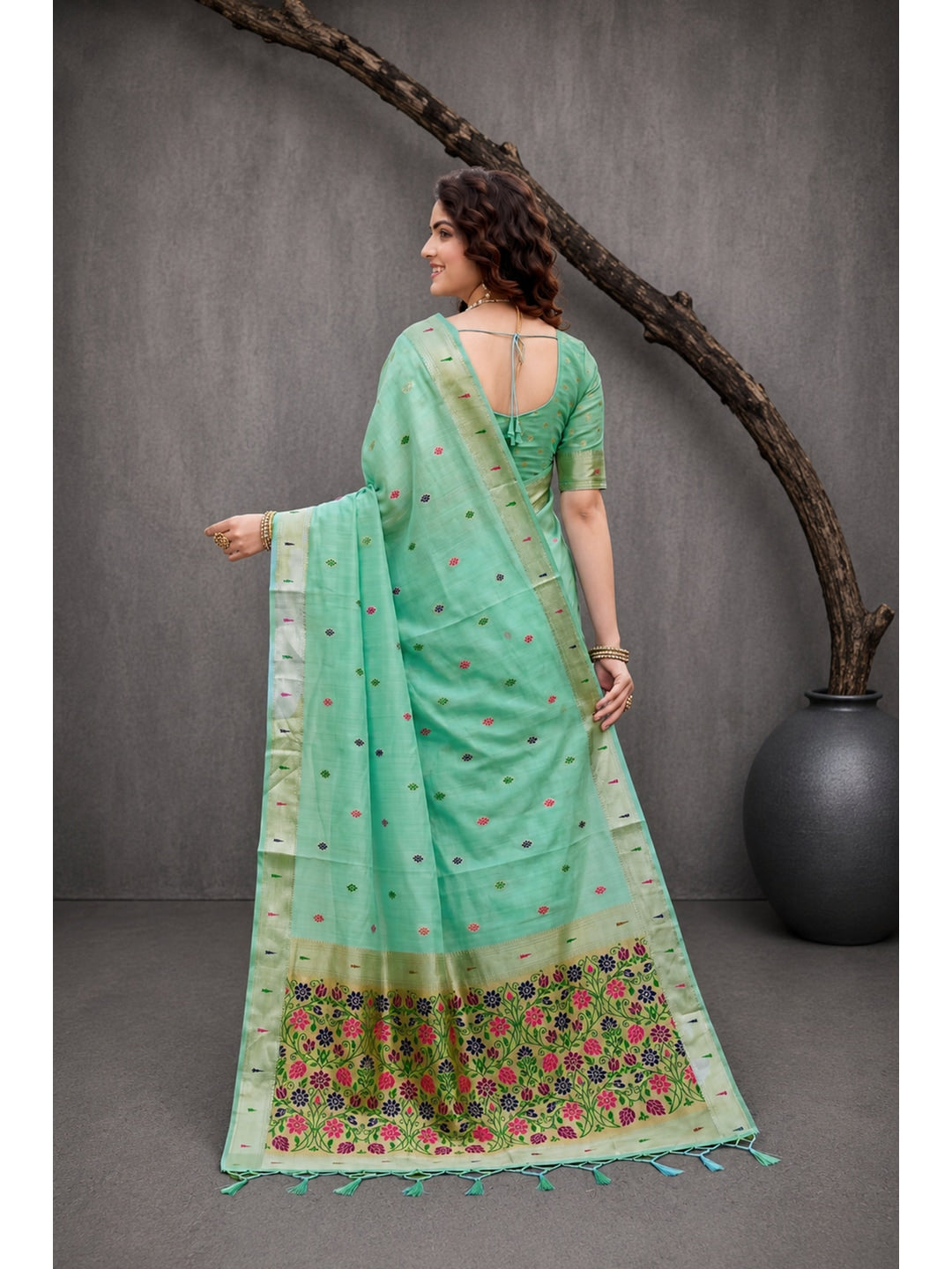 Peachmode Aqua Blue Cotton Blend Rudrani Saree - Image 4
