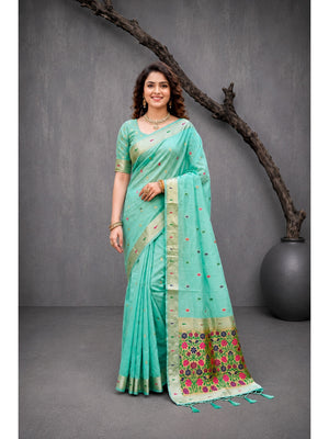 Peachmode Aqua Blue Cotton Blend Rudrani Saree - Image 1