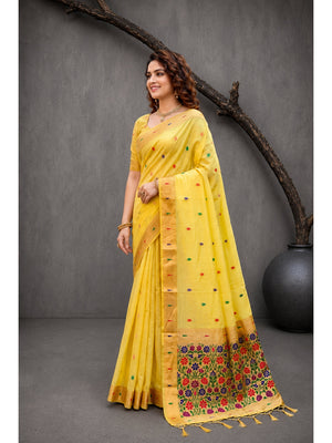 Peachmode Yellow Cotton Blend Rudrani Saree - Image 2