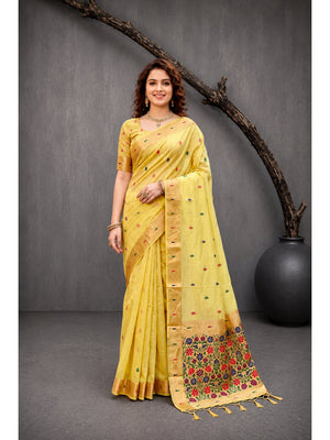 Peachmode Yellow Cotton Blend Rudrani Saree - Image 1