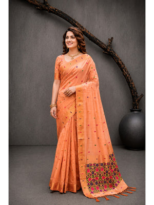 Peachmode Peach Cotton Blend Rudrani Saree - Image 1