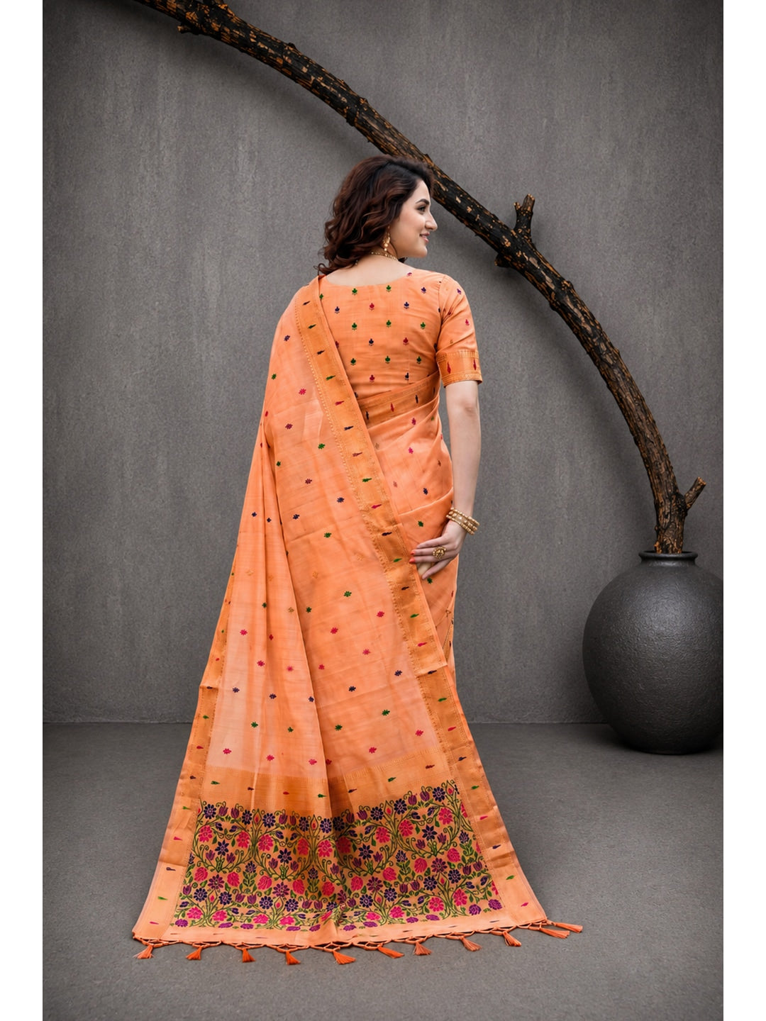 Peachmode Peach Cotton Blend Rudrani Saree - Image 3