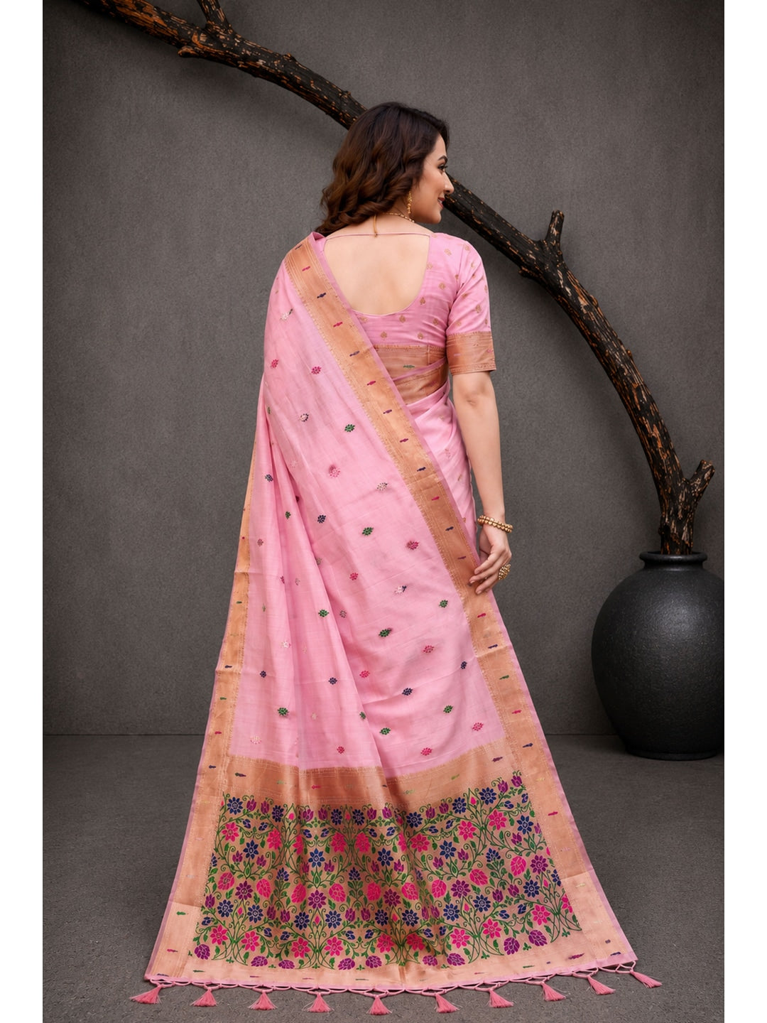 Peachmode Pink Cotton Blend Rudrani Saree - Image 3