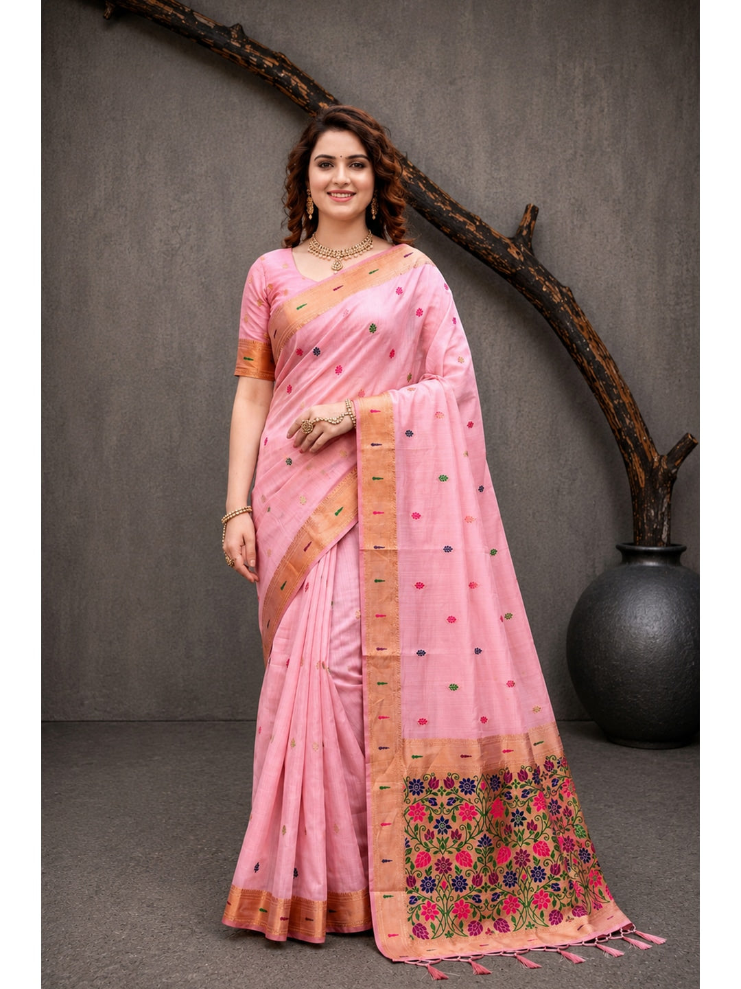 Peachmode Pink Cotton Blend Rudrani Saree - Image 4