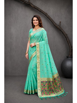 Peachmode Aqua Green Cotton Blend Rudrani Saree - Image 2