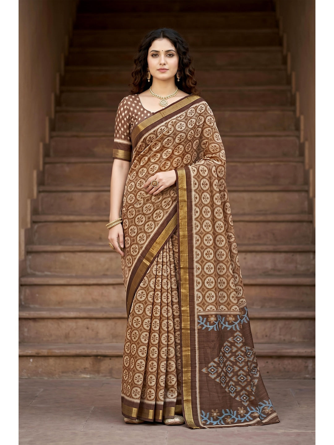 Peachmode Brown Georgette Saree - Image 1