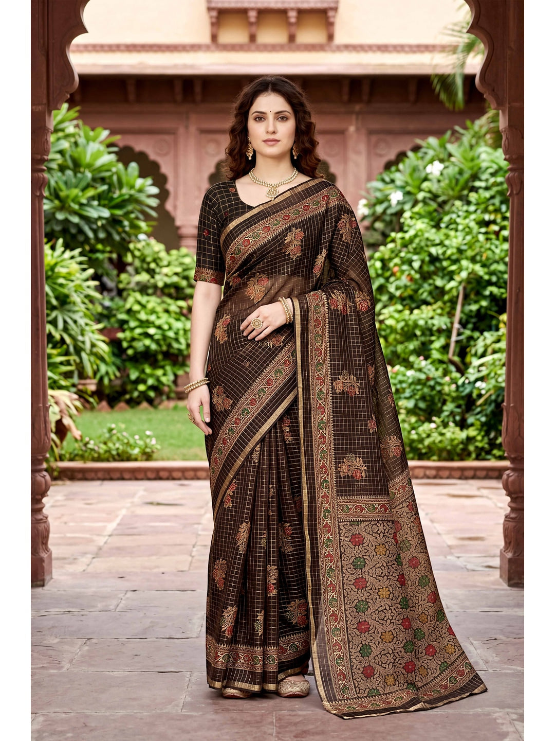 Peachmode Coffee Brown Georgette Saree - Image 1