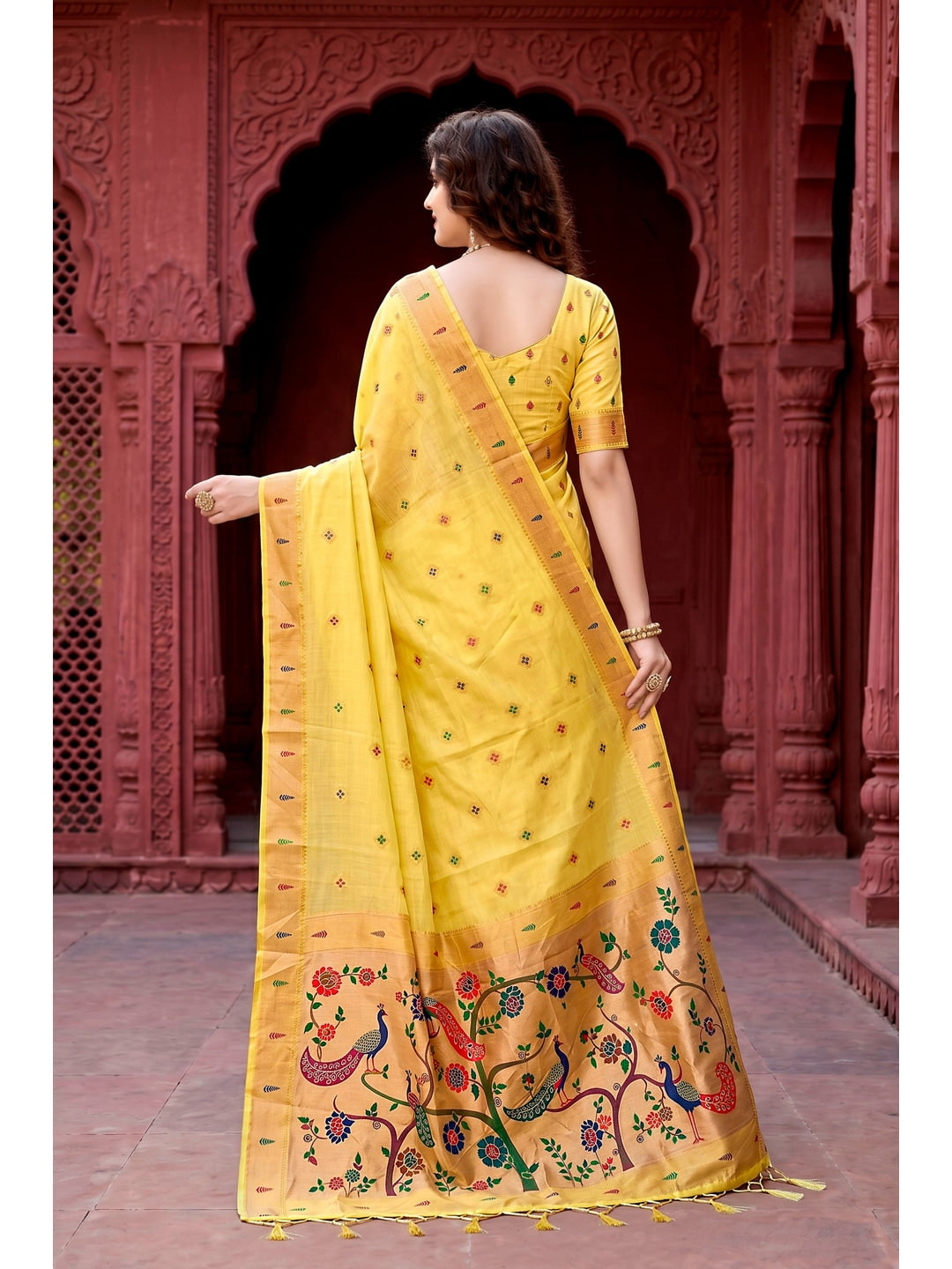 Peachmode Yellow Cotton Blend Tanya Cotton Saree - Image 4