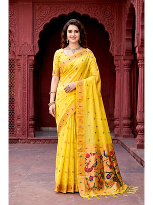 Peachmode Yellow Cotton Blend Tanya Cotton Saree - Image 1