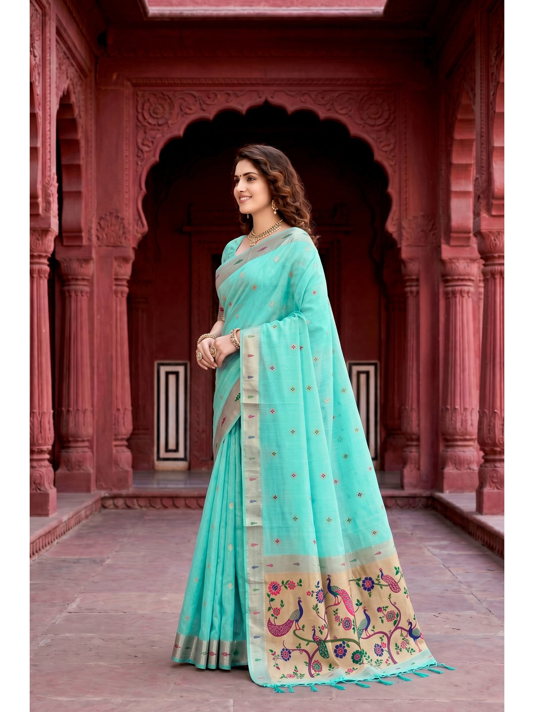 Peachmode Green Cotton Blend Tanya Cotton Saree - Image 2