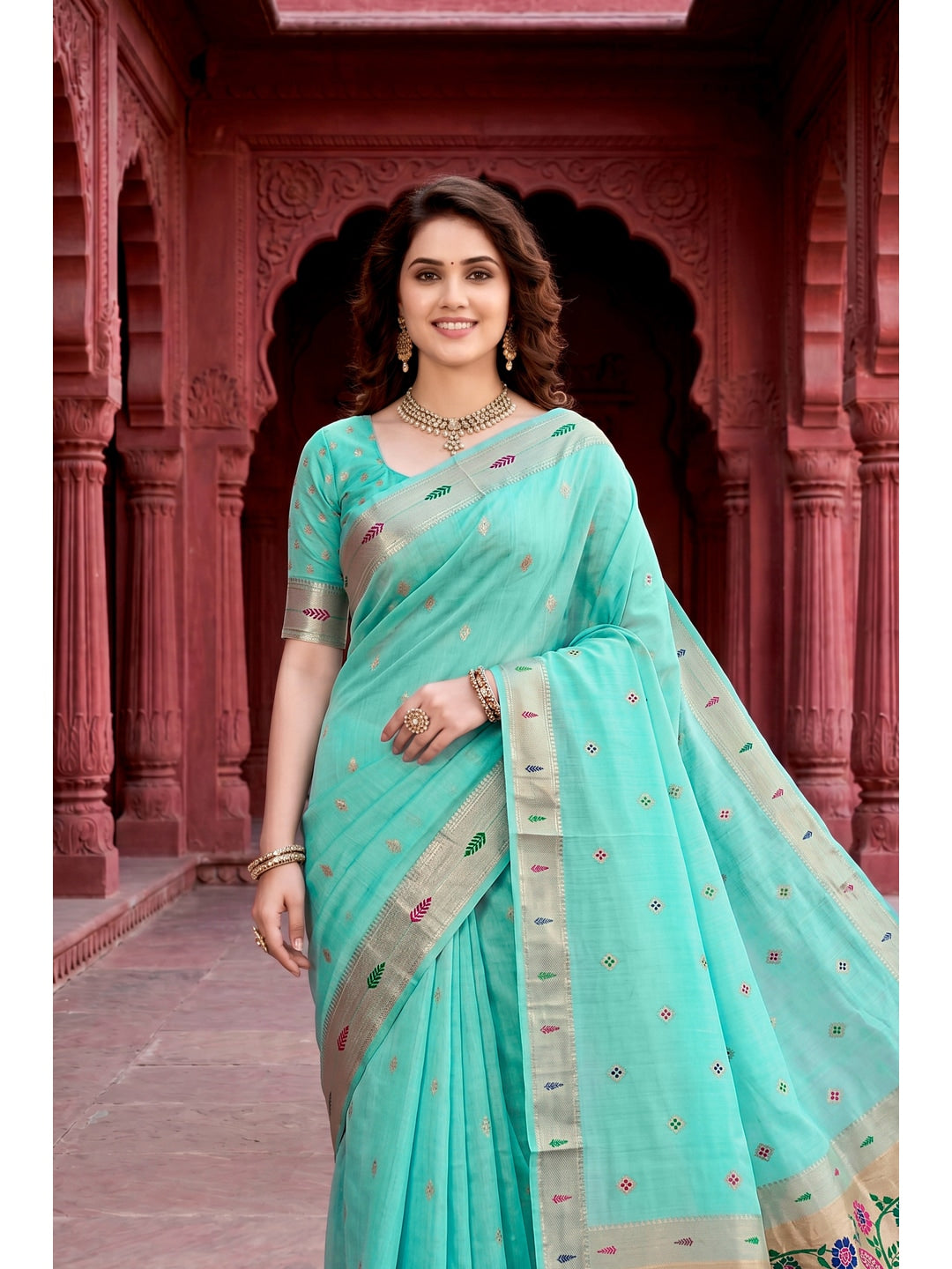 Peachmode Green Cotton Blend Tanya Cotton Saree - Image 3