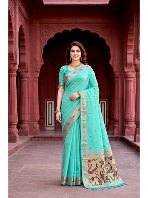 Peachmode Green Cotton Blend Tanya Cotton Saree - Image 1