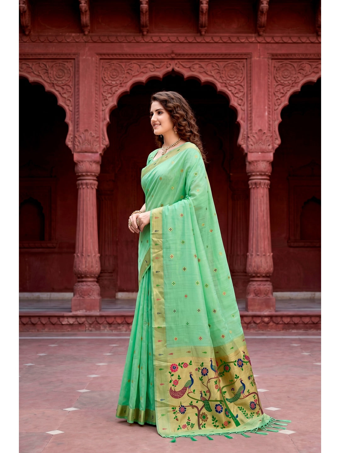 Peachmode Green Cotton Blend Tanya Cotton Saree - Image 2