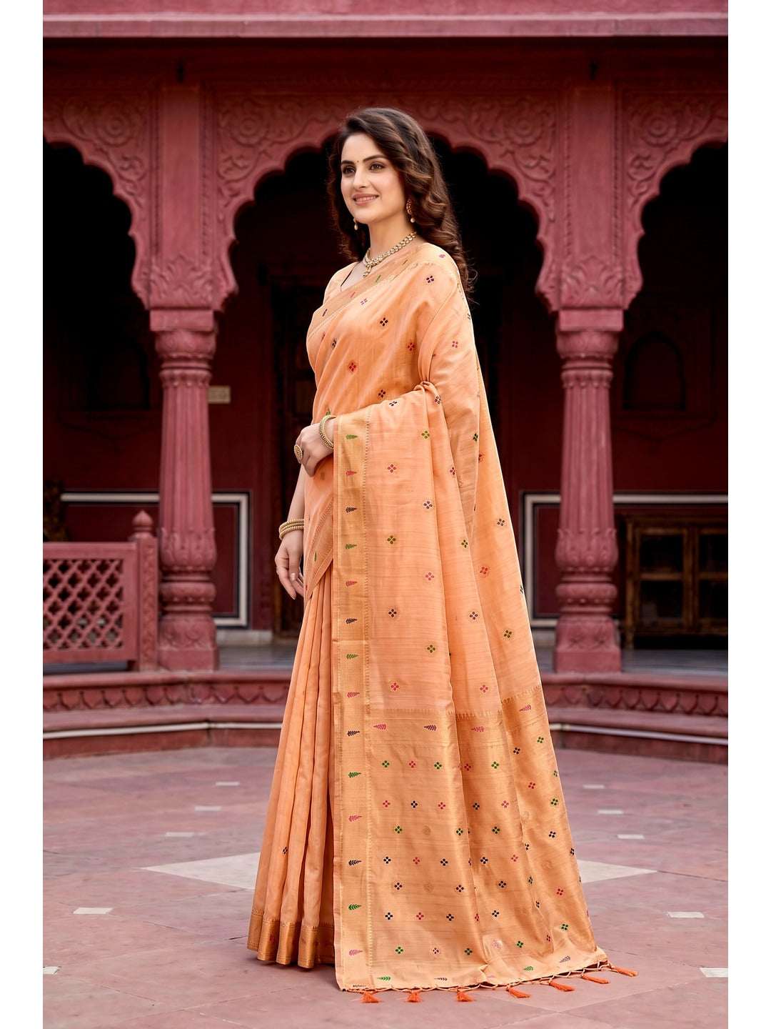 Peachmode Peach Cotton Blend Tanya Cotton Saree - Image 4
