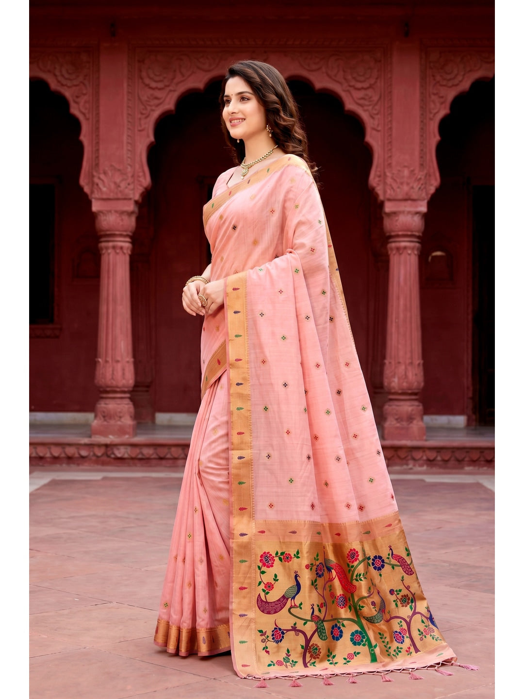Peachmode Pink Cotton Blend Tanya Cotton Saree - Image 2