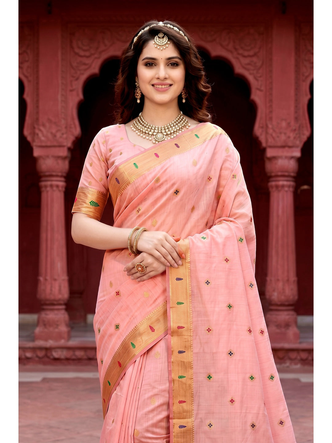 Peachmode Pink Cotton Blend Tanya Cotton Saree - Image 3