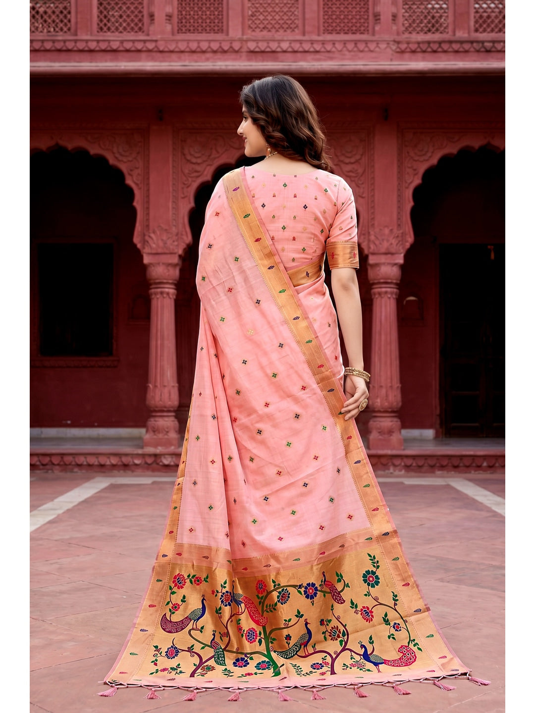 Peachmode Pink Cotton Blend Tanya Cotton Saree - Image 4