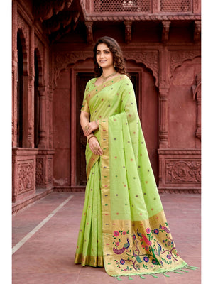 Peachmode Green Cotton Blend Tanya Cotton Saree - Image 2