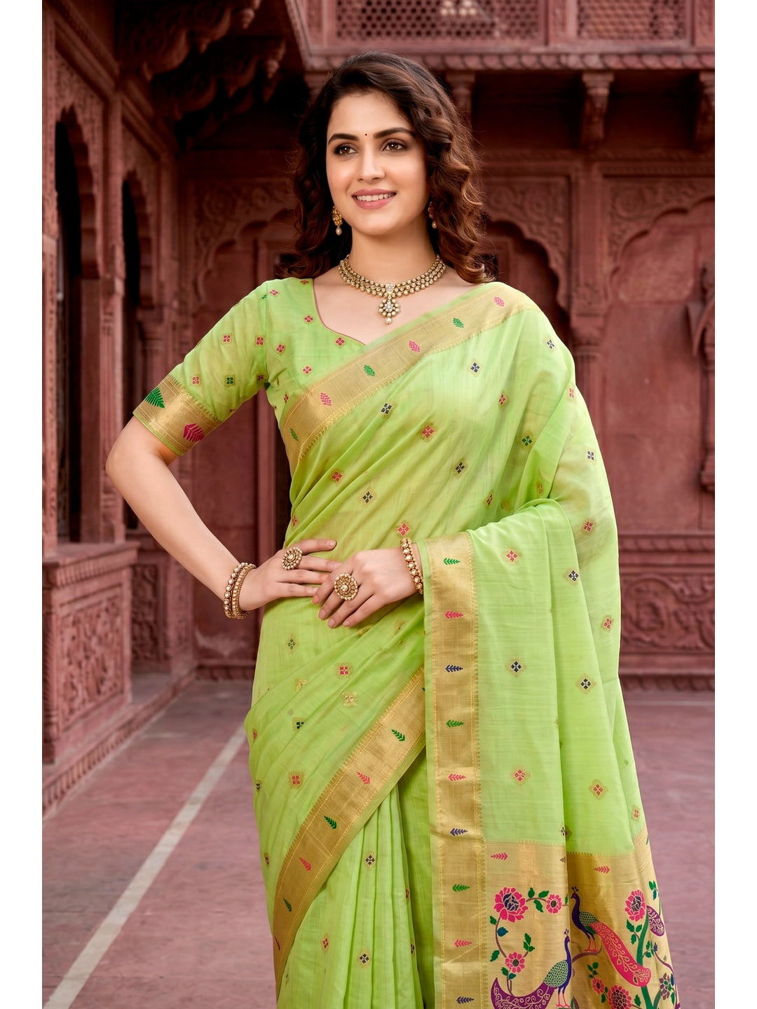 Peachmode Green Cotton Blend Tanya Cotton Saree - Image 3
