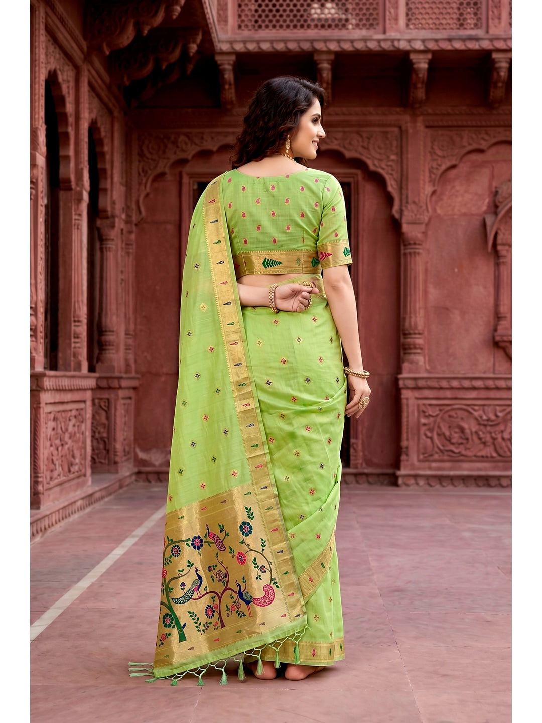 Peachmode Green Cotton Blend Tanya Cotton Saree - Image 4