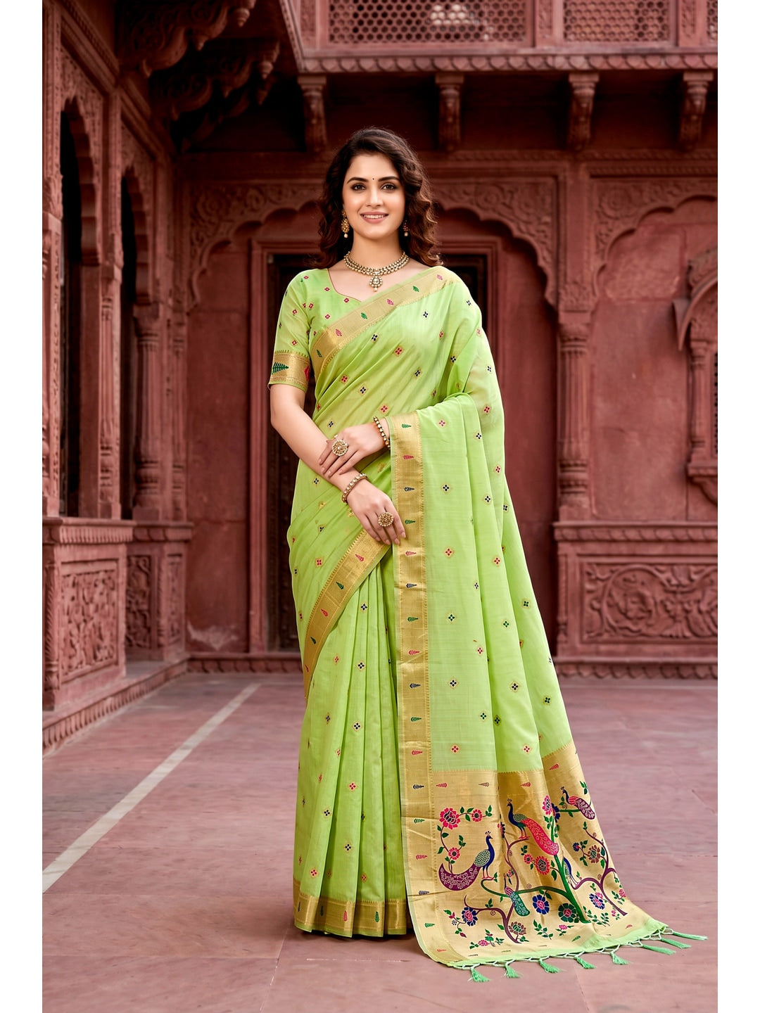 Peachmode Green Cotton Blend Tanya Cotton Saree - Image 1