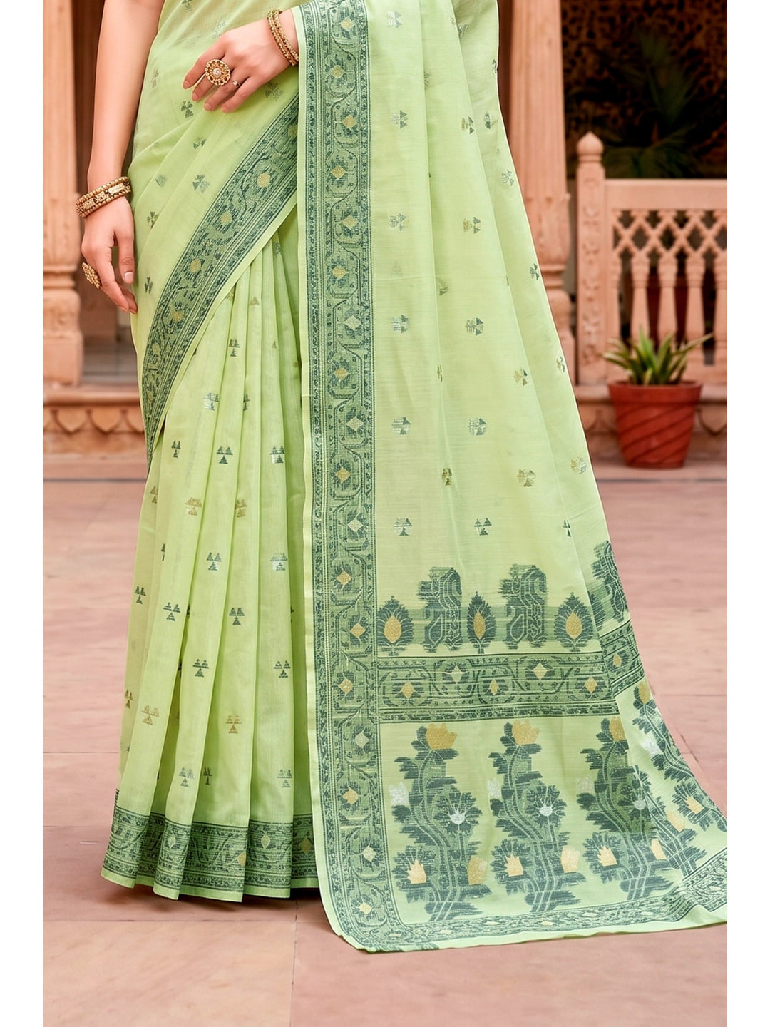 Peachmode Green Cotton Blend Urvi Cotton Saree - Image 4