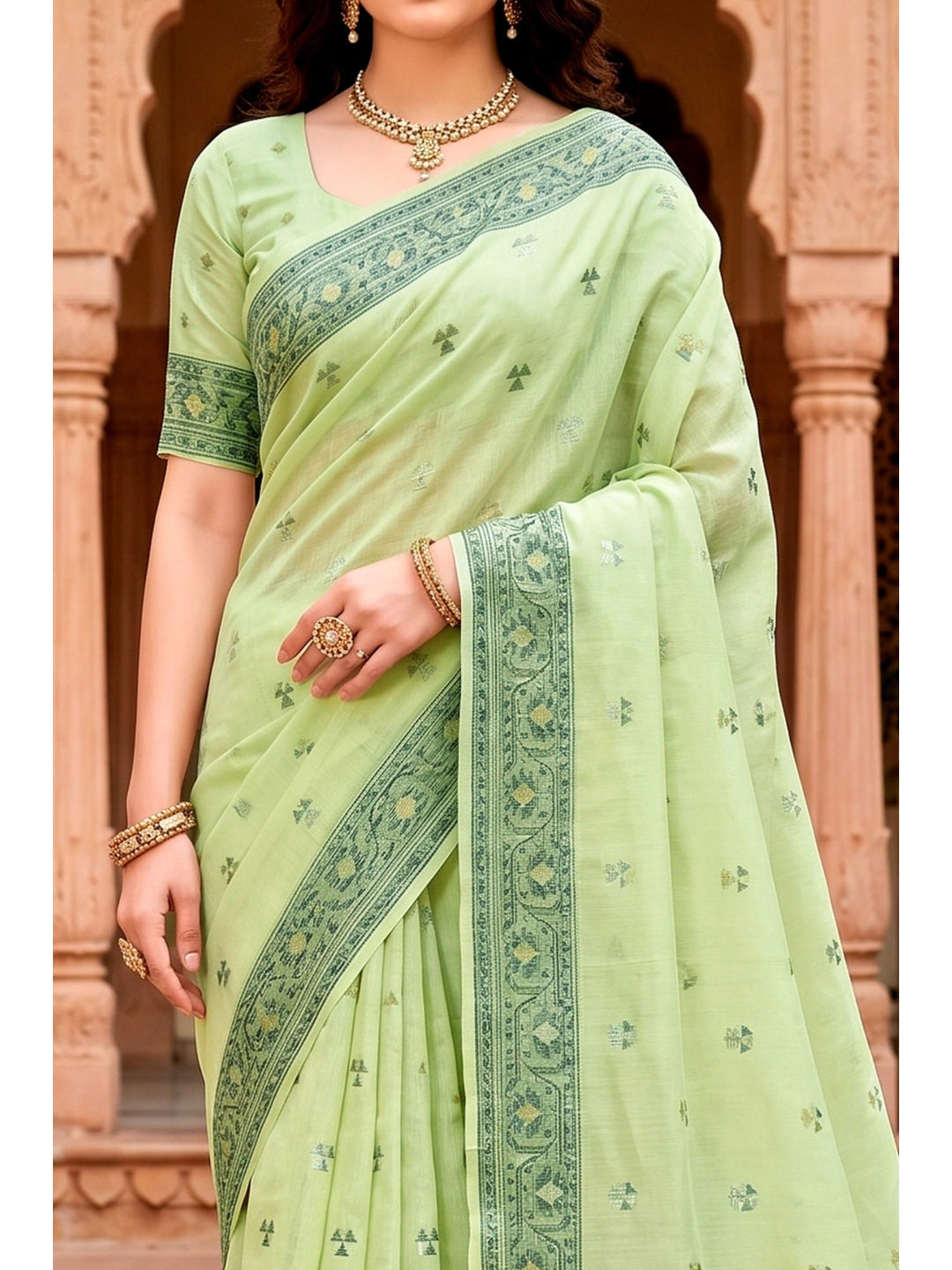 Peachmode Green Cotton Blend Urvi Cotton Saree - Image 6