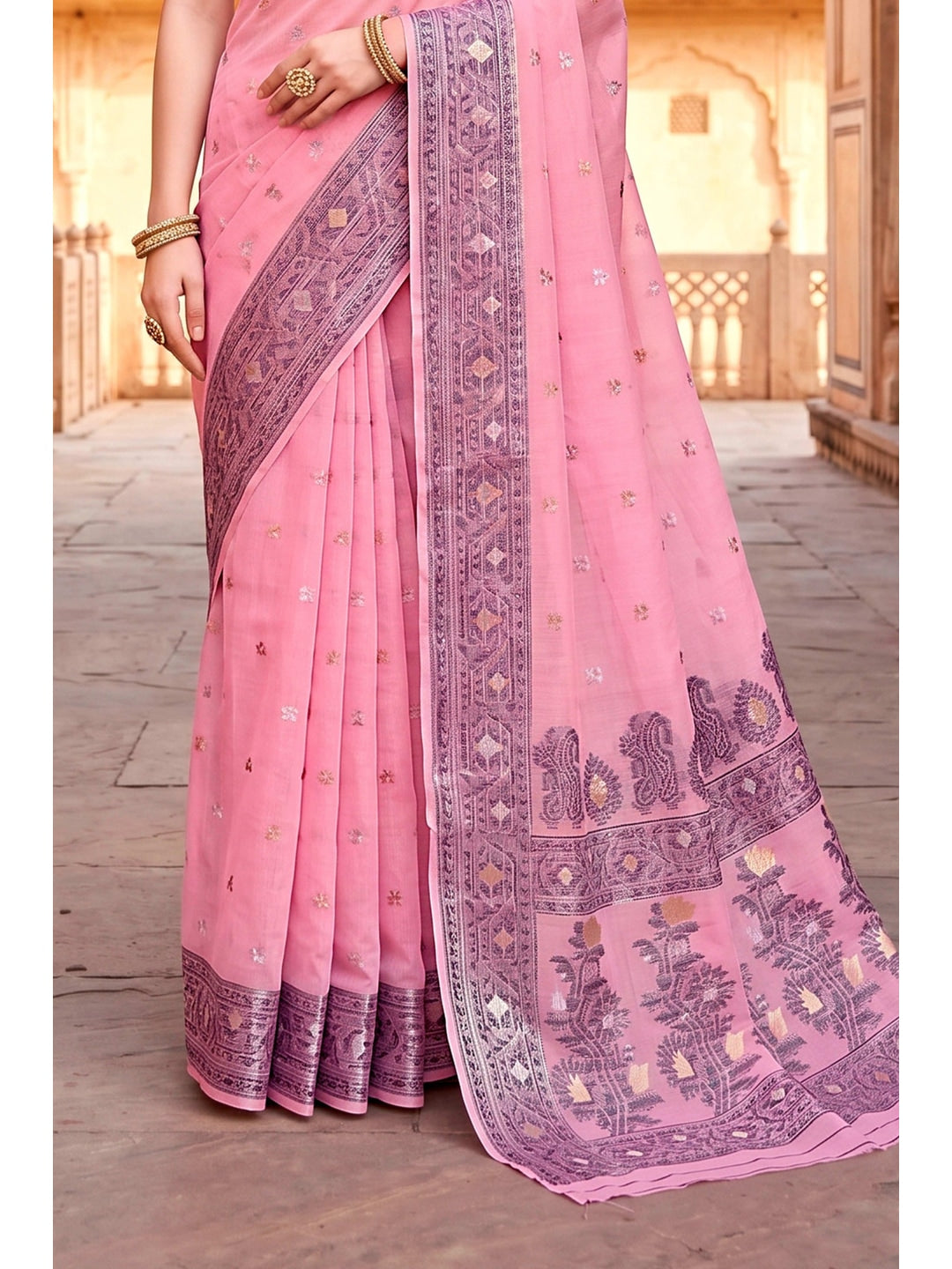 Peachmode Pink Cotton Blend Urvi Cotton Saree - Image 4