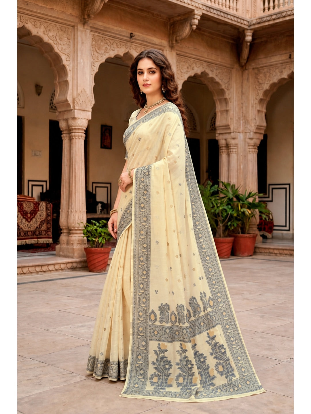 Peachmode Yellow Cotton Blend Urvi Cotton Saree - Image 2