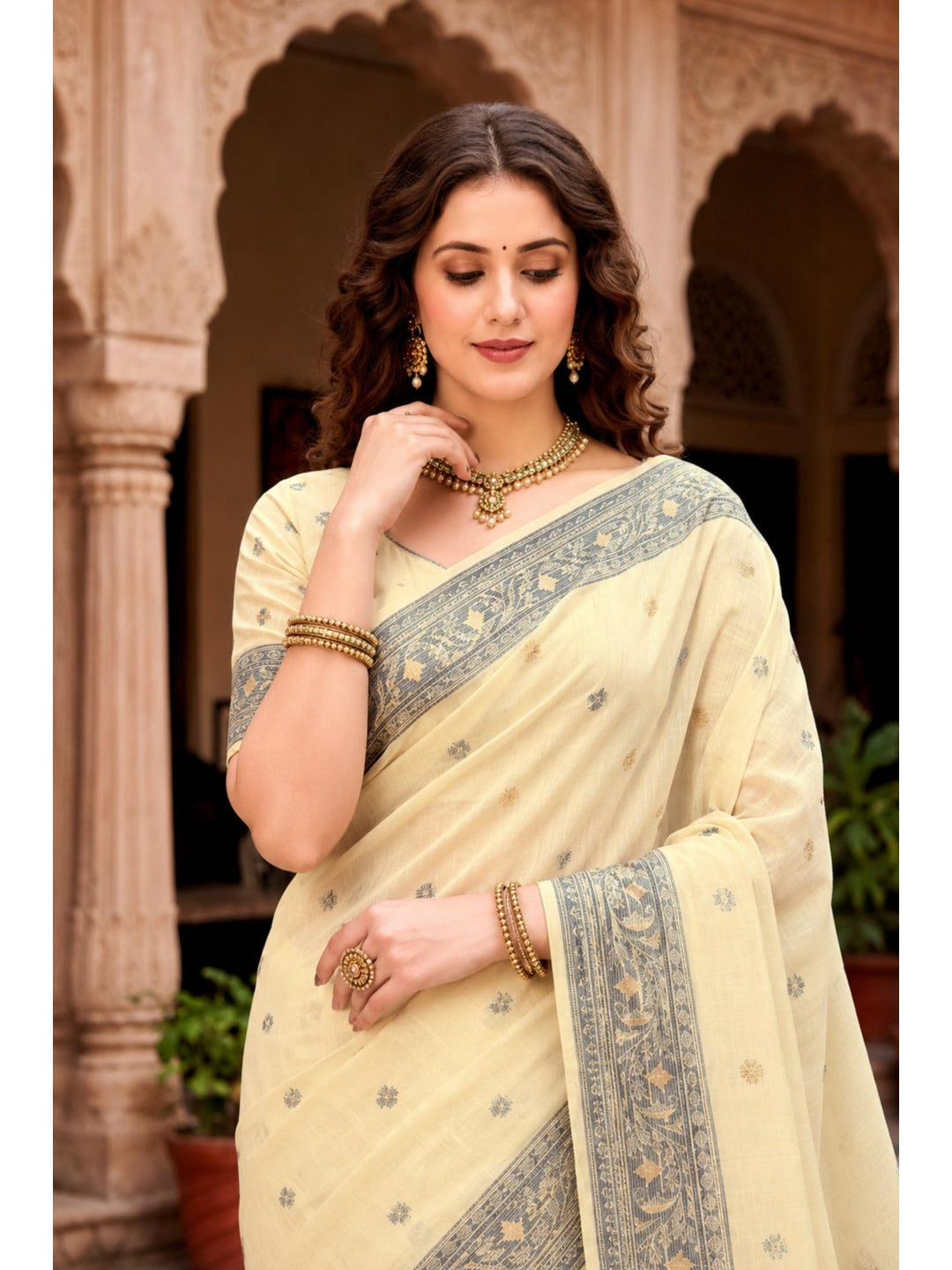 Peachmode Yellow Cotton Blend Urvi Cotton Saree - Image 3