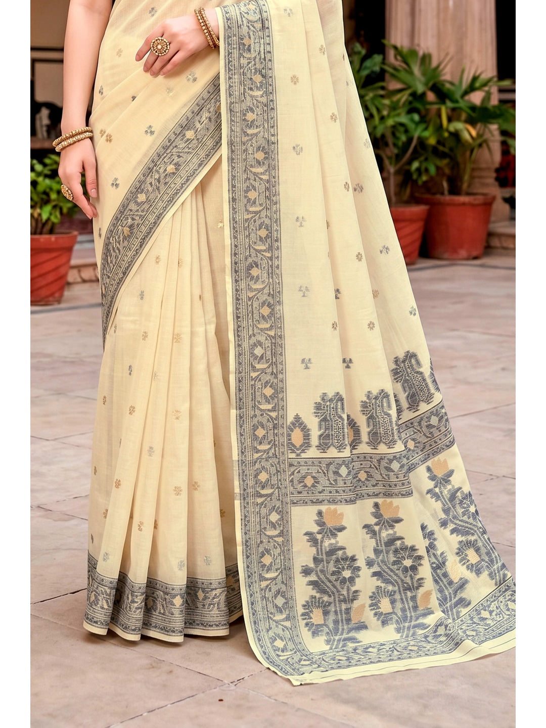 Peachmode Yellow Cotton Blend Urvi Cotton Saree - Image 4