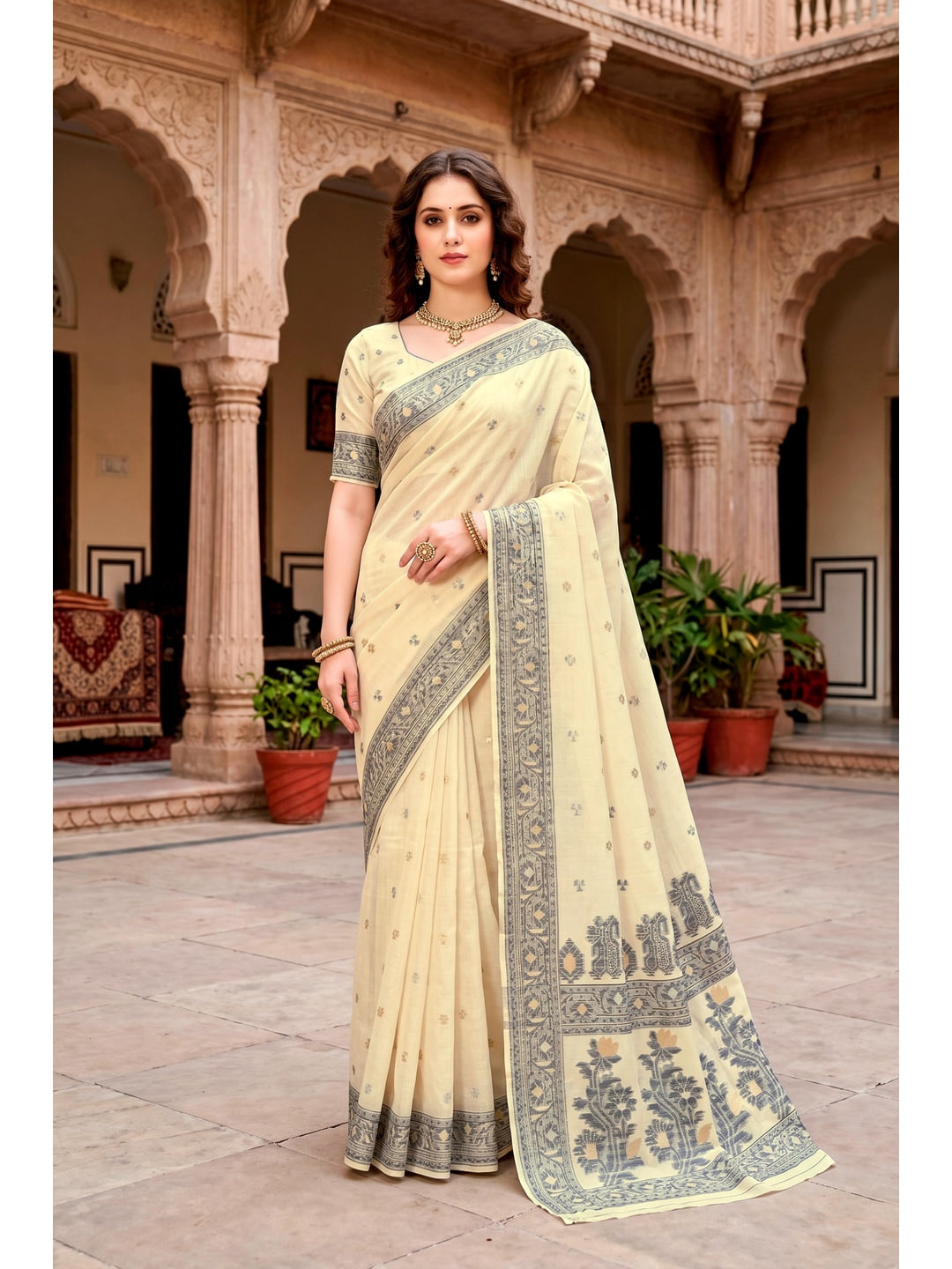 Peachmode Yellow Cotton Blend Urvi Cotton Saree - Image 1