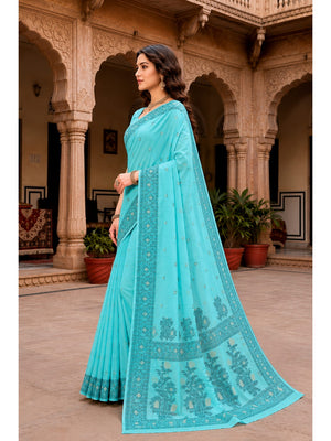 Peachmode Teal Cotton Blend Urvi Cotton Saree - Image 2