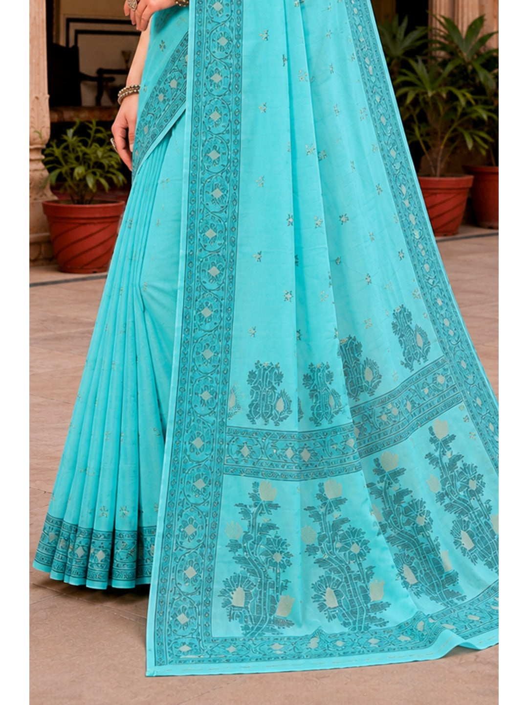 Peachmode Teal Cotton Blend Urvi Cotton Saree - Image 4