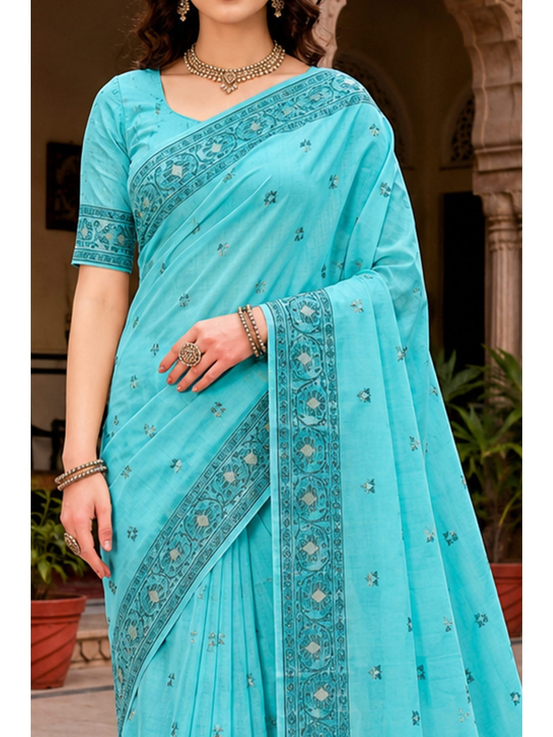Peachmode Teal Cotton Blend Urvi Cotton Saree - Image 6
