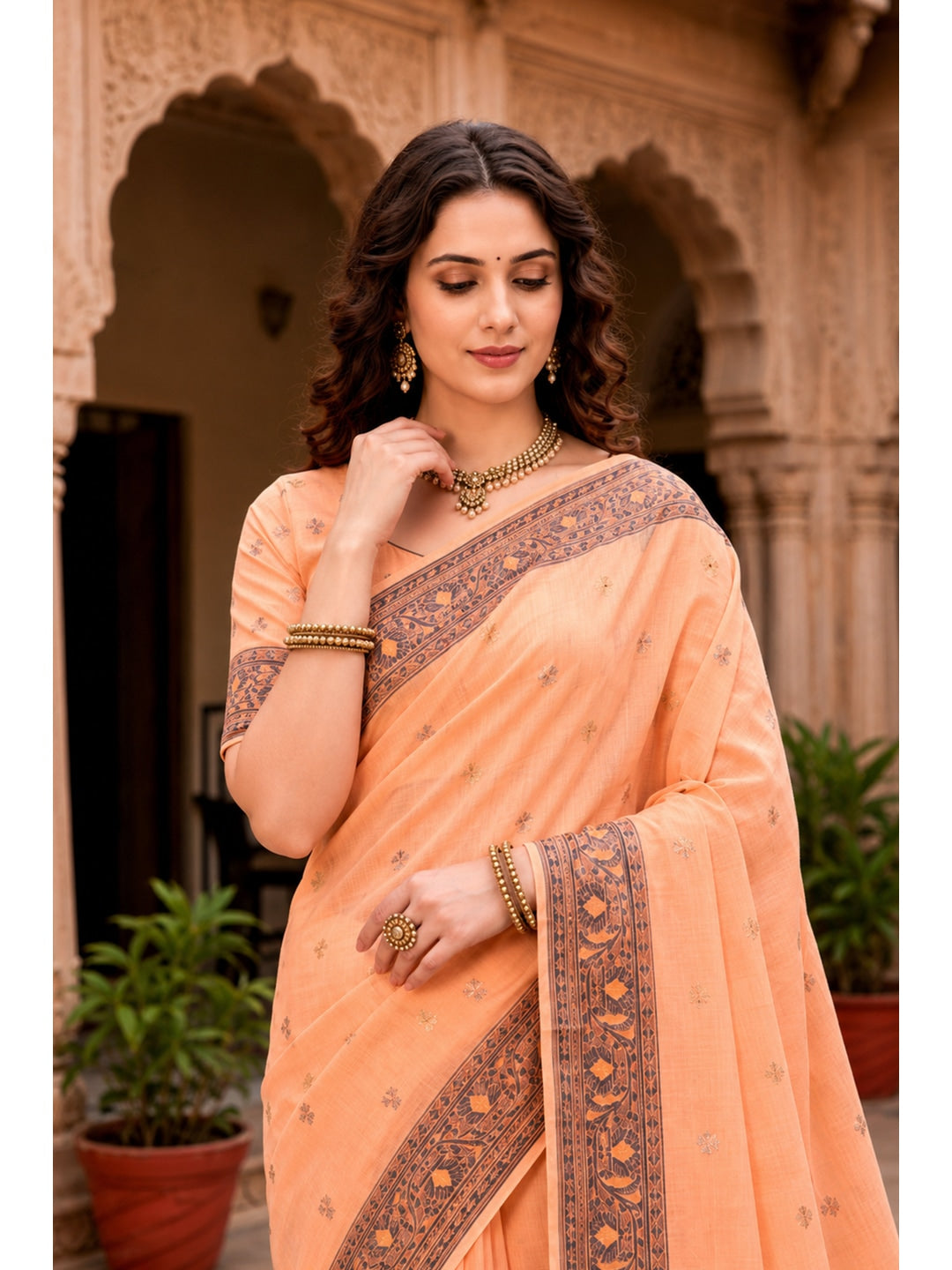 Peachmode Peach Cotton Blend Urvi Cotton Saree - Image 3