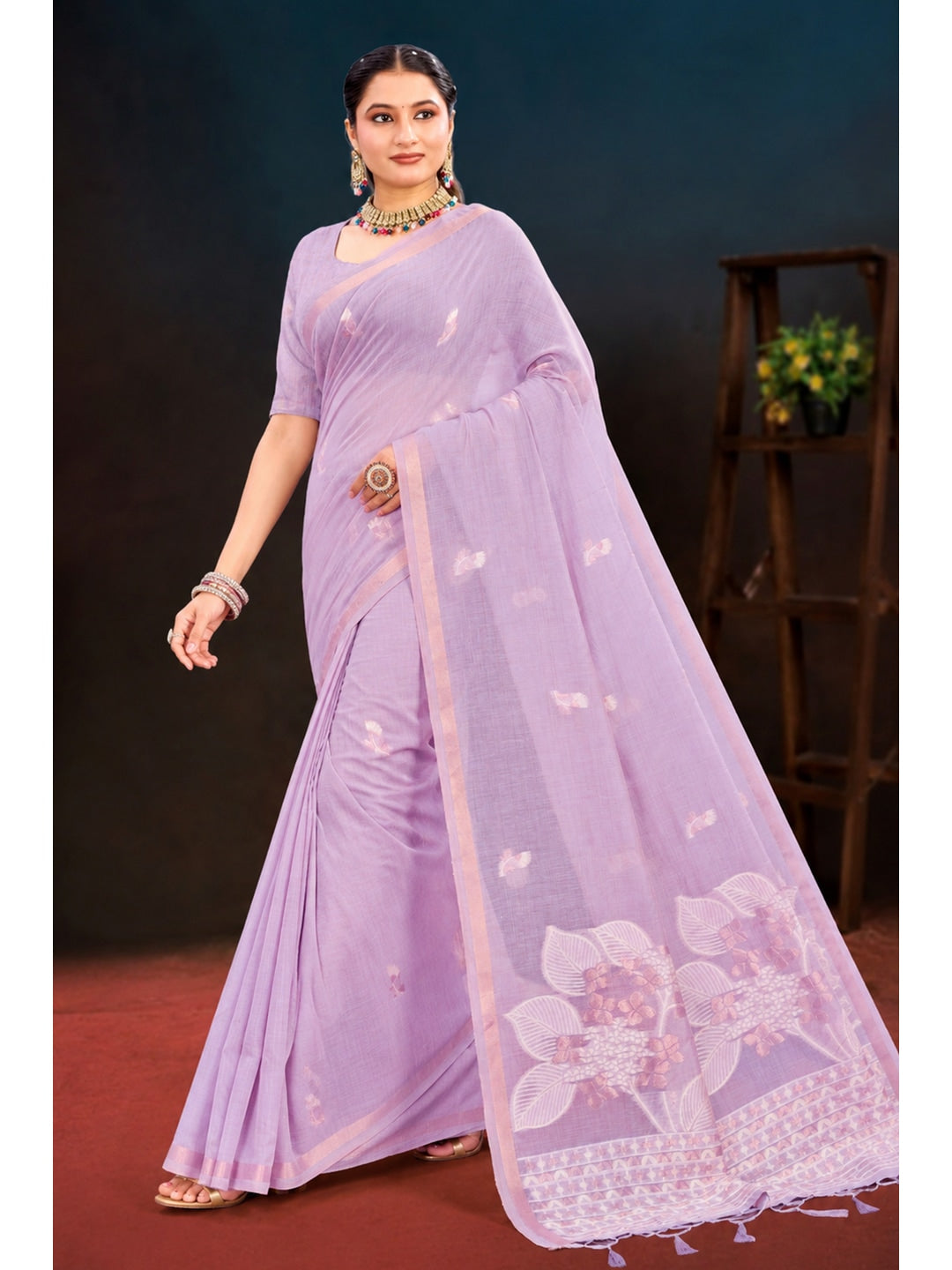 Peachmode Lavender Cotton Blend Varnika Cotton Saree - Image 1