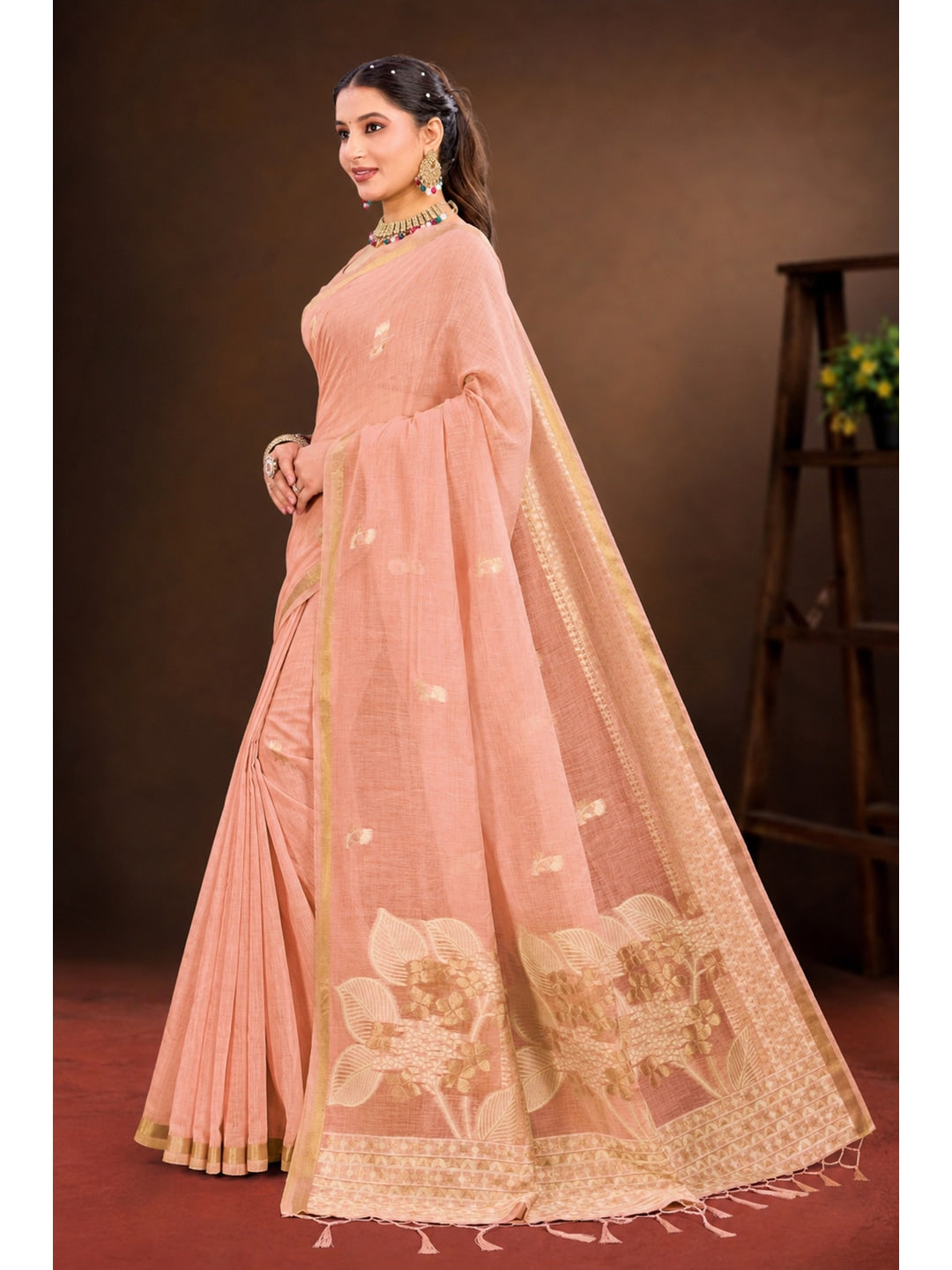Peachmode Peach Cotton Blend Varnika Cotton Saree - Image 2