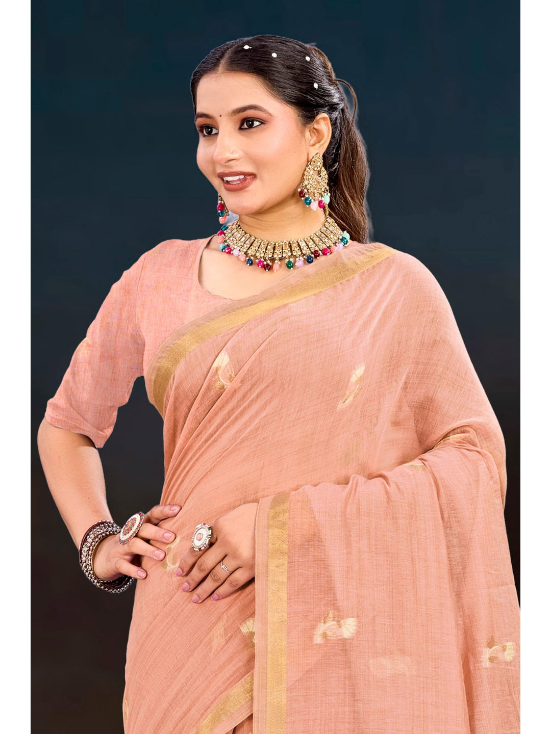 Peachmode Peach Cotton Blend Varnika Cotton Saree - Image 3