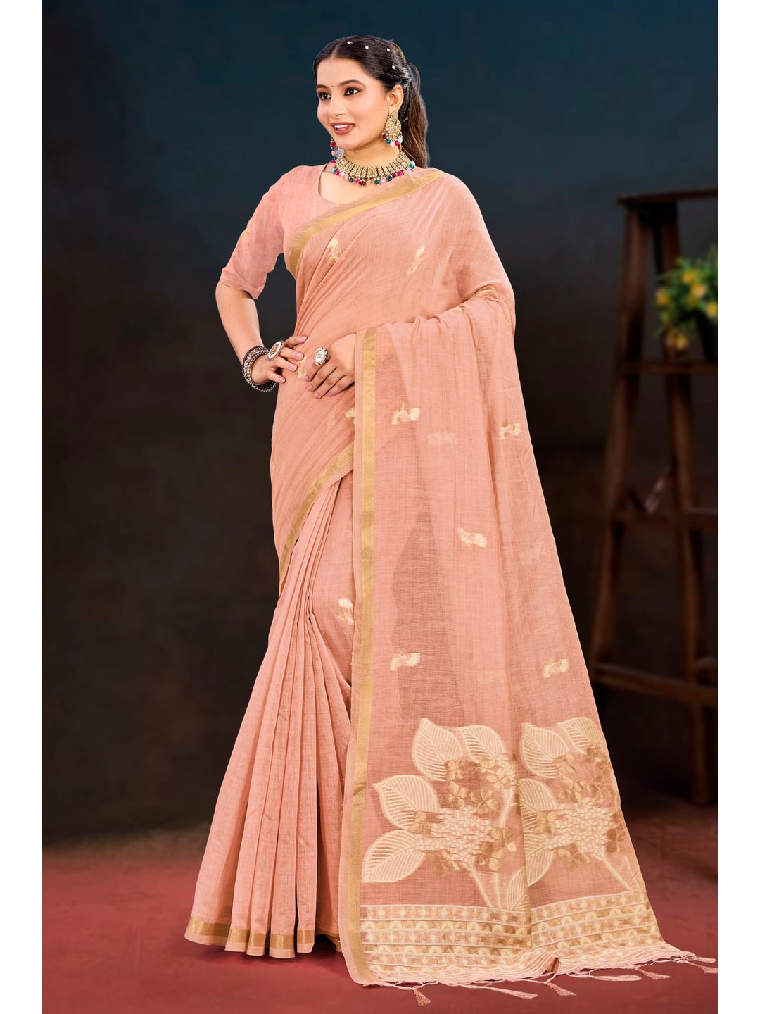 Peachmode Peach Cotton Blend Varnika Cotton Saree - Image 1