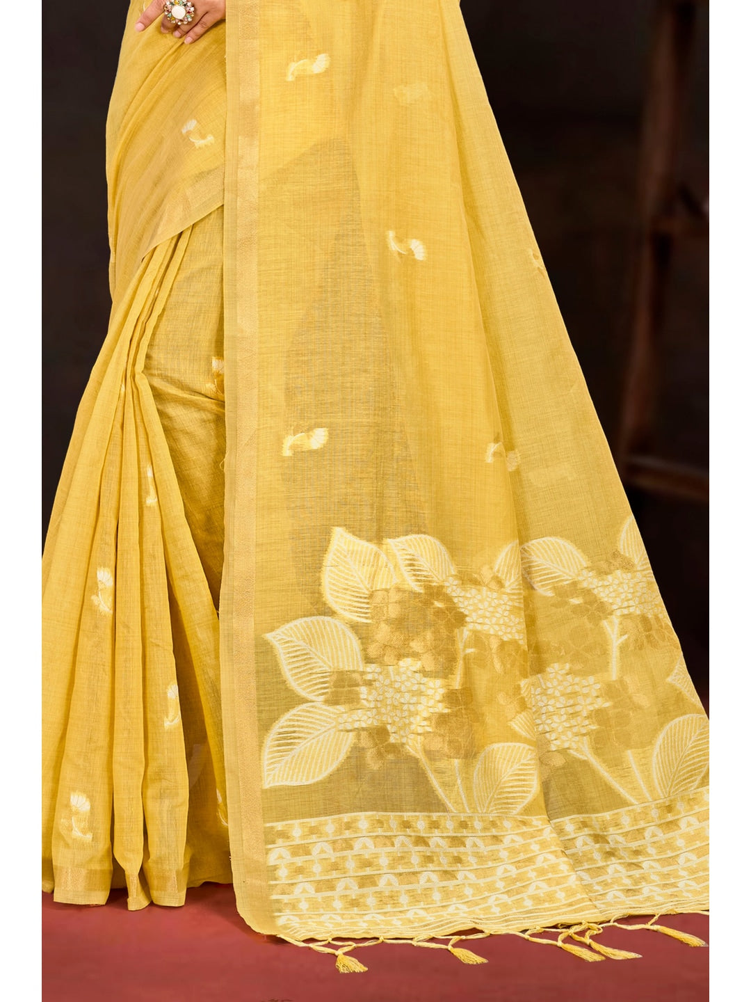 Peachmode Yellow Cotton Blend Varnika Cotton Saree - Image 4
