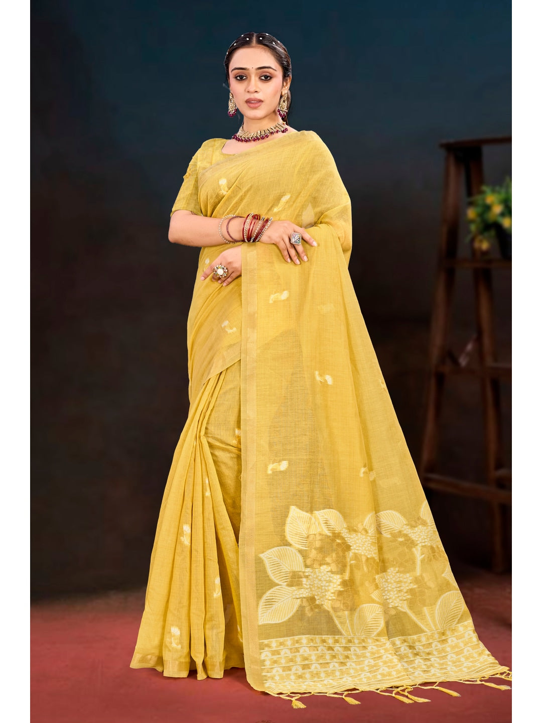 Peachmode Yellow Cotton Blend Varnika Cotton Saree - Image 1